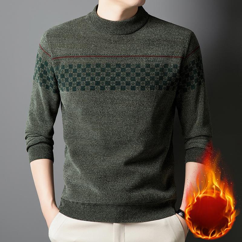 Men's Cozy Fleece-Lined Striped Sweater - Casual Round Neck Knit Pullover for Fall/Winter, Warm & Stylish