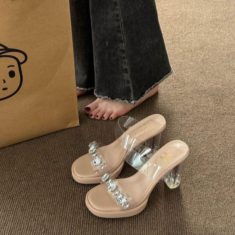 

Women s Slippers and Ladies Sandals Heeled Summer 2024 Crystals Slides Clear Rhenstone Off White Shoes Jewels Transparent Luxury 42