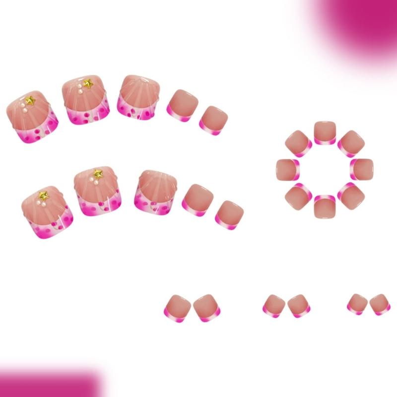 24Pcs 3D Star False Toenails Pearls Shine Coating Plastic Nail Art For Women Long Comfort Multipurpose