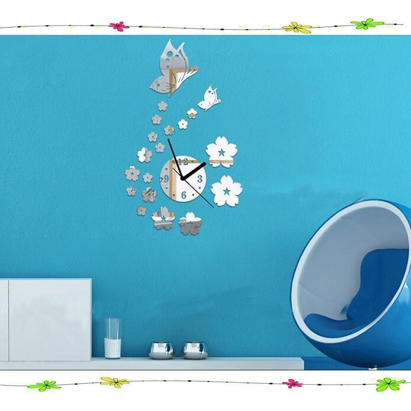 Eleganter 3D Spiegel Schmetterling Blume Uhr Wandaufkleber Wandtattoo Für Heimdekoration