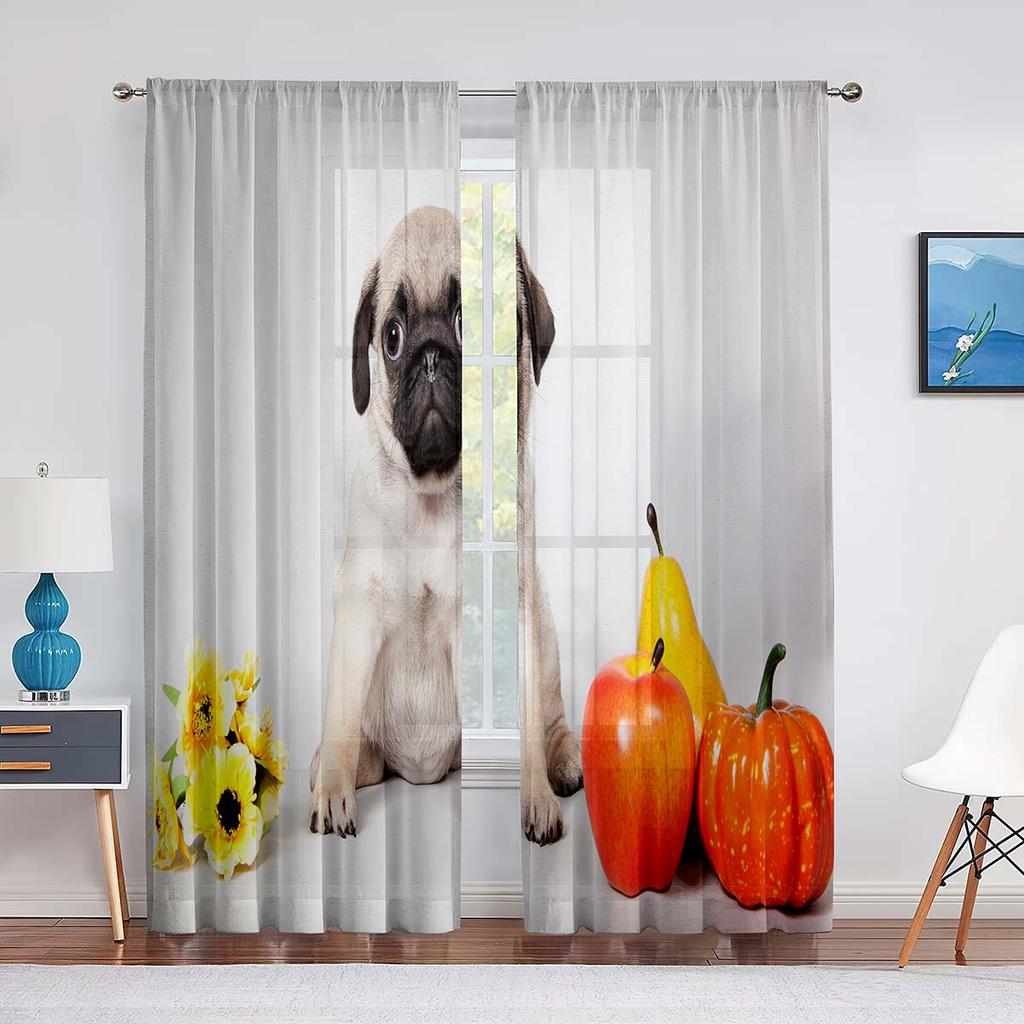 Niedlicher Bulldogge Transparenter Voile Vorhang Lustiger Mops Welpe Tier Gelbe Tüllvorhänge für Wohnzimmer Schlafzimmer Küchendekorationen