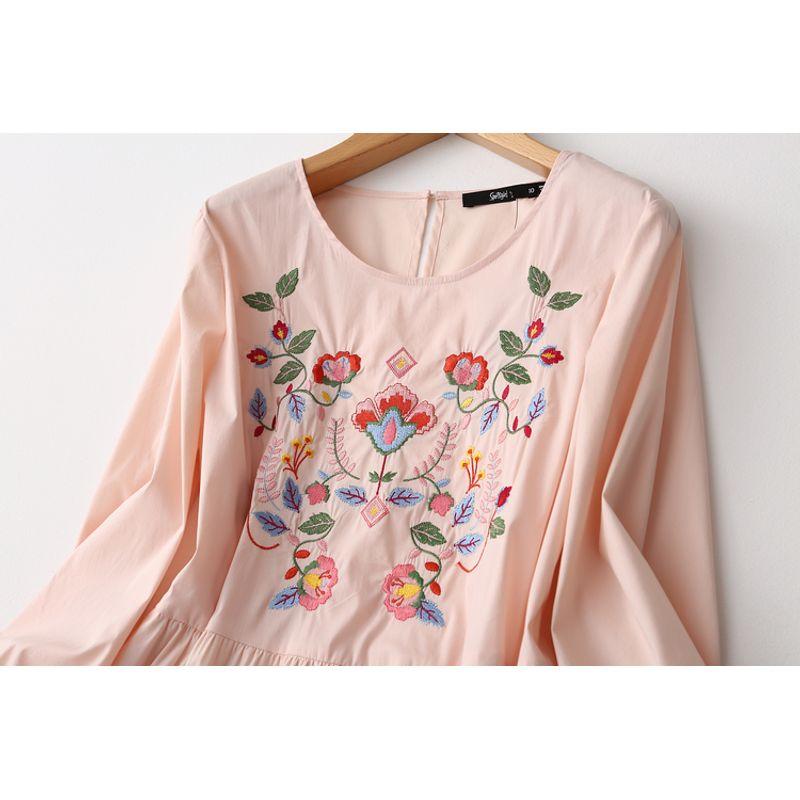 Export Tail Order Export OEM Goods Sweet Gentle Flower Embroider Cotton Dress Ninth Sleeve Spring & Fall