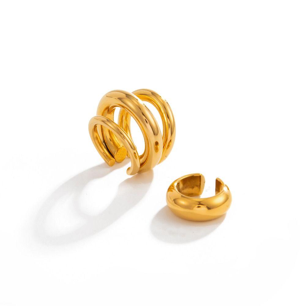Golded C Shape Ear Cuff Stainless Steel Chunky Triple Ring Clip Retro Gold Jewelry  Women