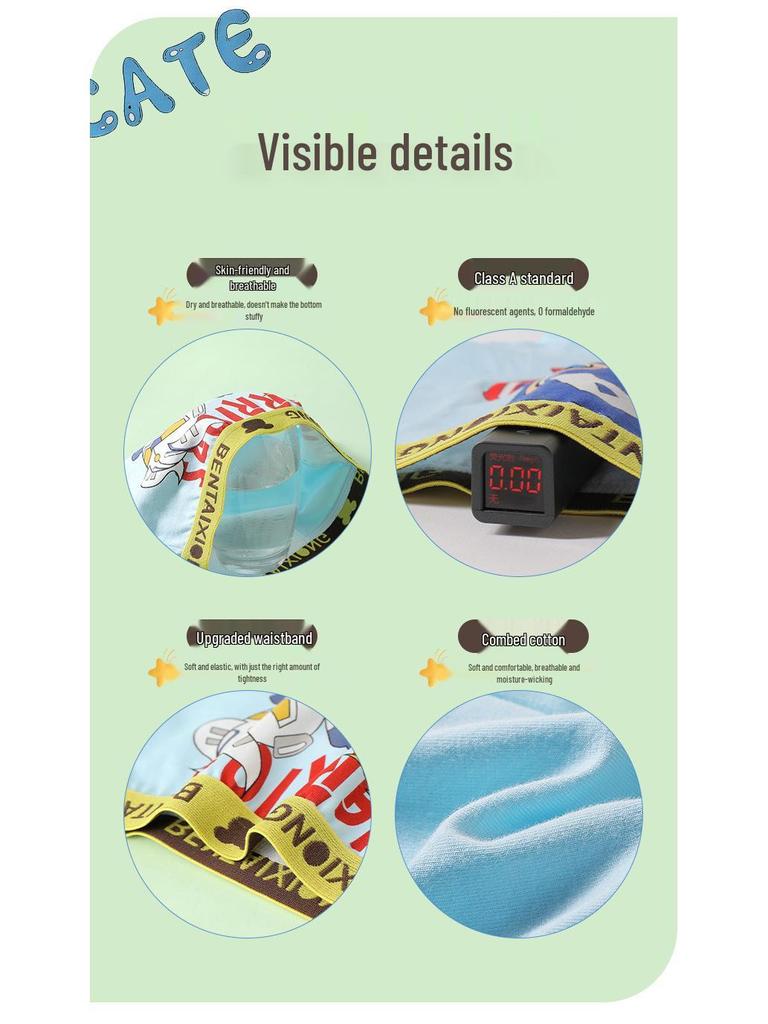 Boys' Pure Cotton Cartoon Boxer Briefs - Small, Medium, Large Sizes