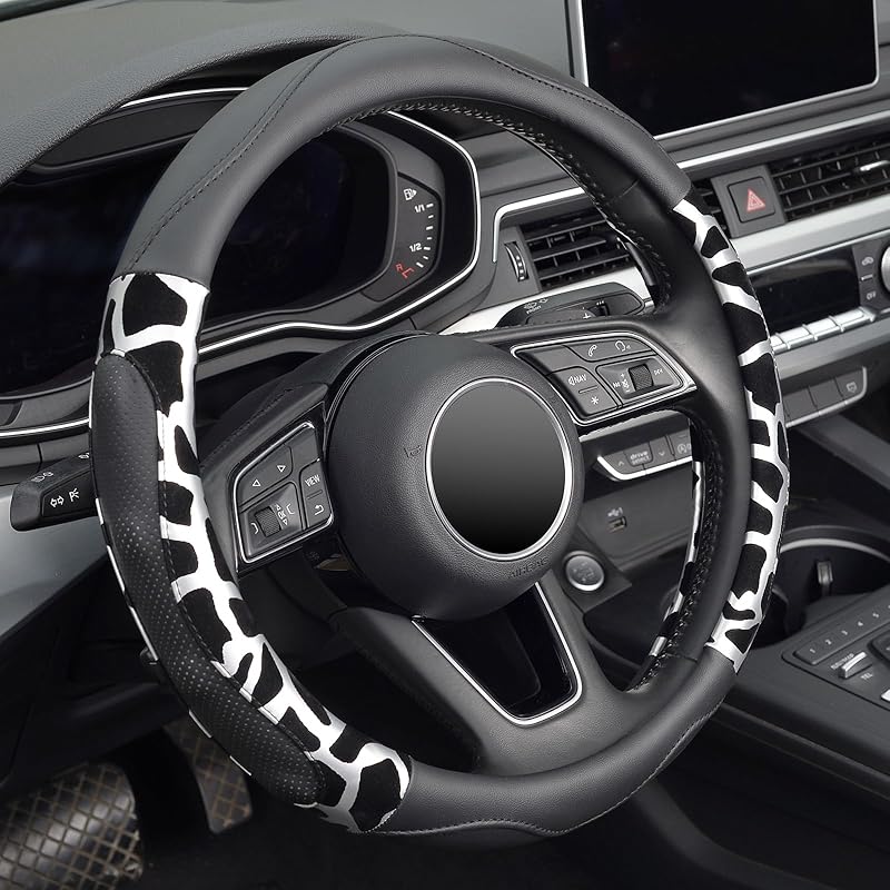 Cow Print Steering Wheel Cover, Universal 14.5-15 Inch Breathable Microfiber Leather Anti-Slip Car Steering Wheel Protector For Women Men,