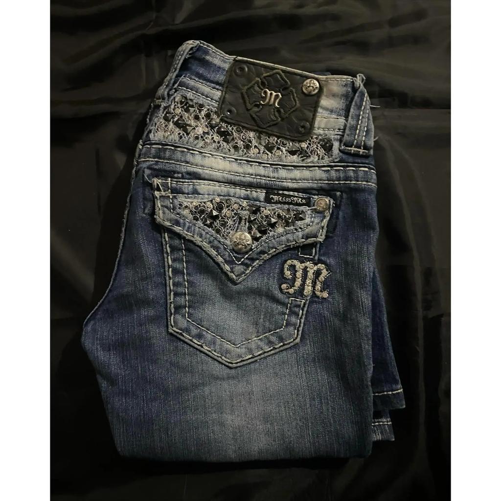 RogueWave Streetwear Vintage Jeans Y2K Kläder Dam Vintage Ficka Paljett Tvättad Blå Baggy Jeans Mellanhög Smal Passform Byxor