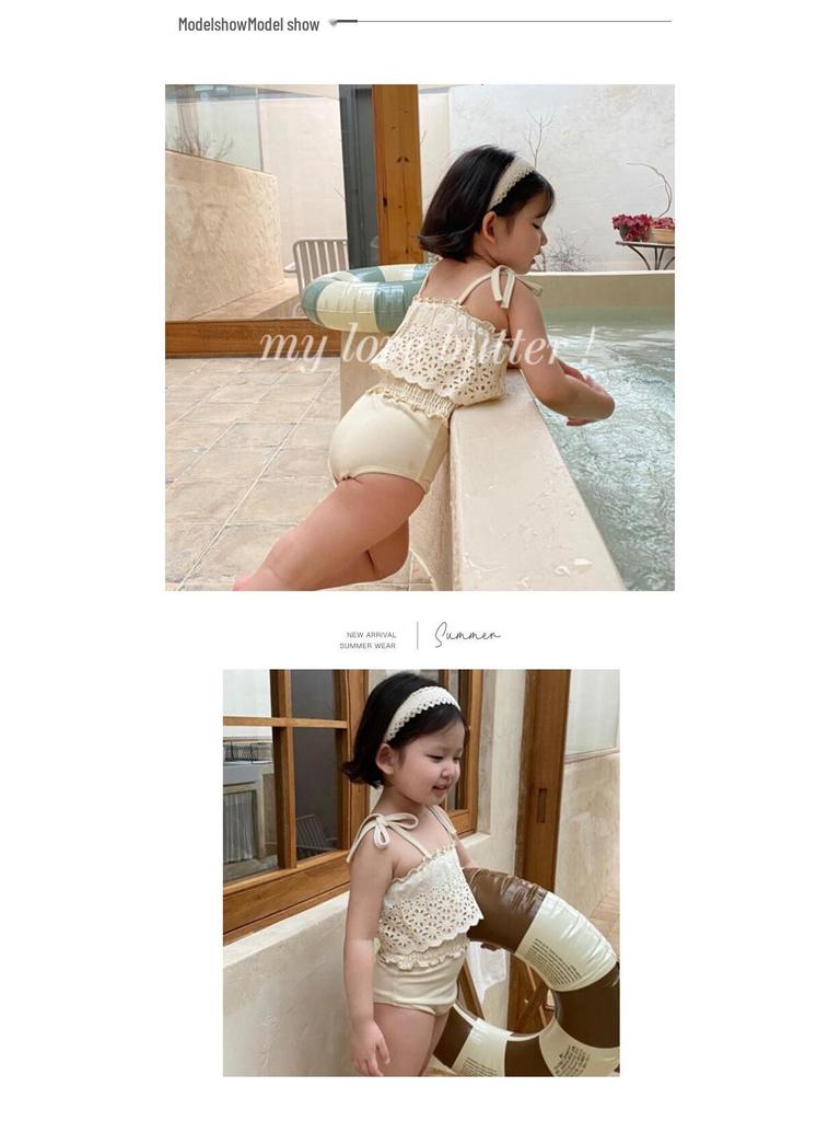 2025 Summer Korean Girls' Lace Trim Cutout Swimsuit