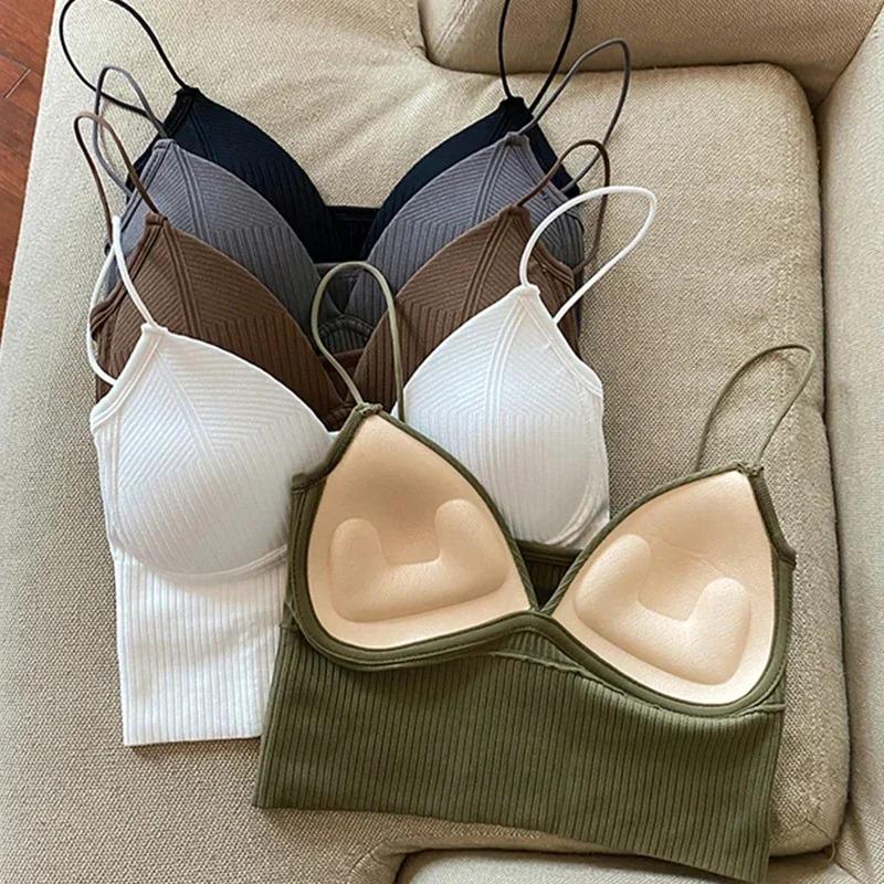 Koreańska Moda Dzianinowy Gorset Krótki Top na Ramiączkach Spaghetti z Wbudowanym Biustonoszem
