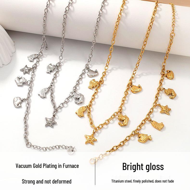 Gold-Plated Titanium Ocean-Inspired Necklace & Bracelet Set with Starfish and Fish Pendants - Versatile Women's Jewelry