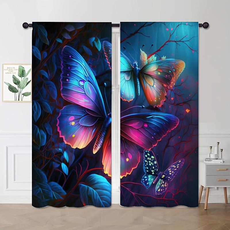 2pcs Five-colored Butterfly Printed Curtains, Study Room Kitchen Living Room Dorm Room Rod Pocket Window Drapes, Bedroom Accesso