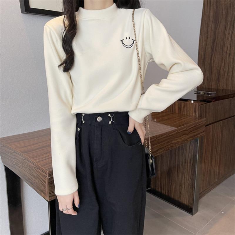 

Korean Style Fleece-Lined Long Sleeve Women s Top: Trendy Autumn/Winter Base Layer 5XL абрикосовый