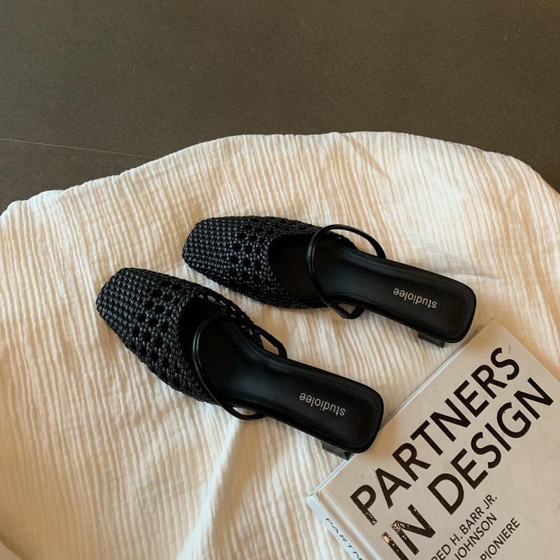 Shoes square head hollow knitting short heel one word with half slippers female summer