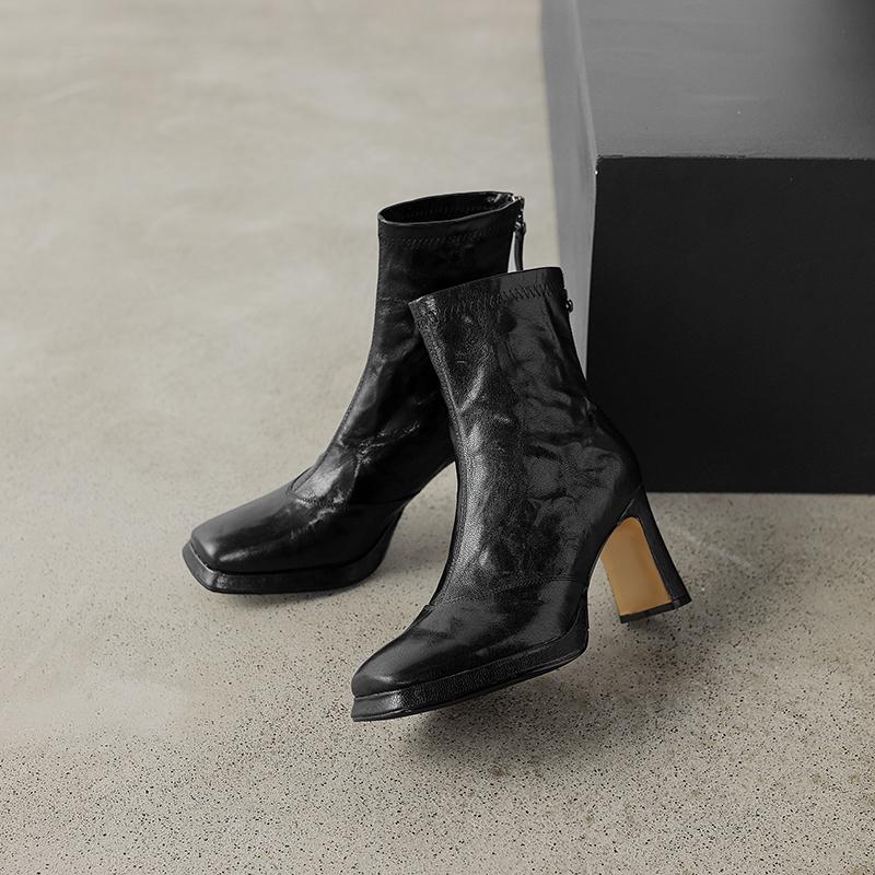 Krazing Pot Sheepskin Winter Square Thick High Heels Chelsea Boots Women Zipper Platform Ankle Boots