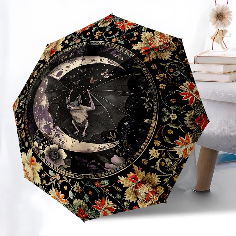 Bat MoonThemed Automatic Opening and Closing Umbrella 8 Ribs, Suitable for Leisure and Going Out, Outdoor Accessory, Gothic Style, Fashion
