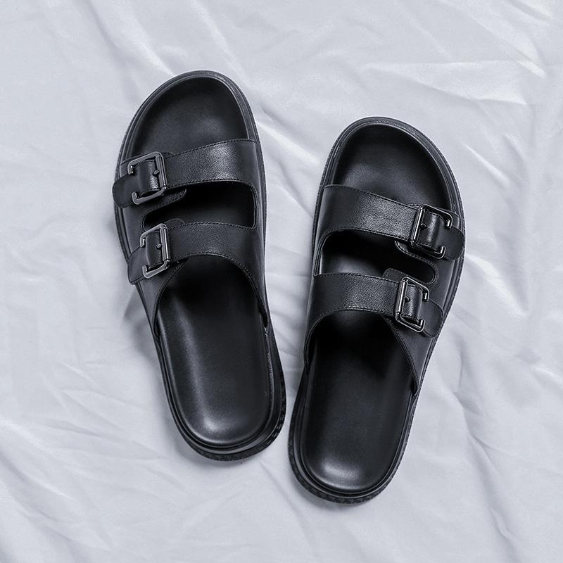 

Весна 2025 года, новые пляжные туфли, Вэньчжоу, холодные липкие черные кожаные сандалии, популярные тапочки 4771 38 чёрный