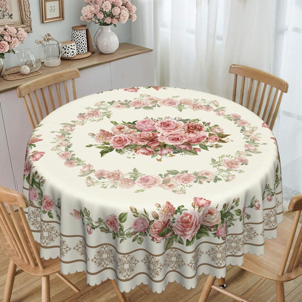 1 Vintage Floral Tablecloth, Elegant Rose Design, European Country Grid Decoration, Round Tablecloth