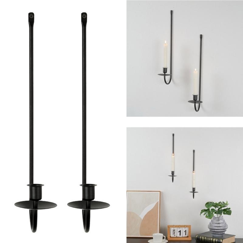 Elegant Black Metal Wall Sconces Set of 2 Candle Holders for Living Room Hallway Decors Iron Hanging Wall Candlestick