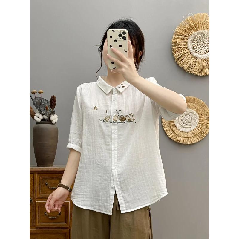 Summer Yarn Half Sleeve Shirts Lapel Embroidery Commute Girl Casual Sweet Loose OL Blouse Autumn