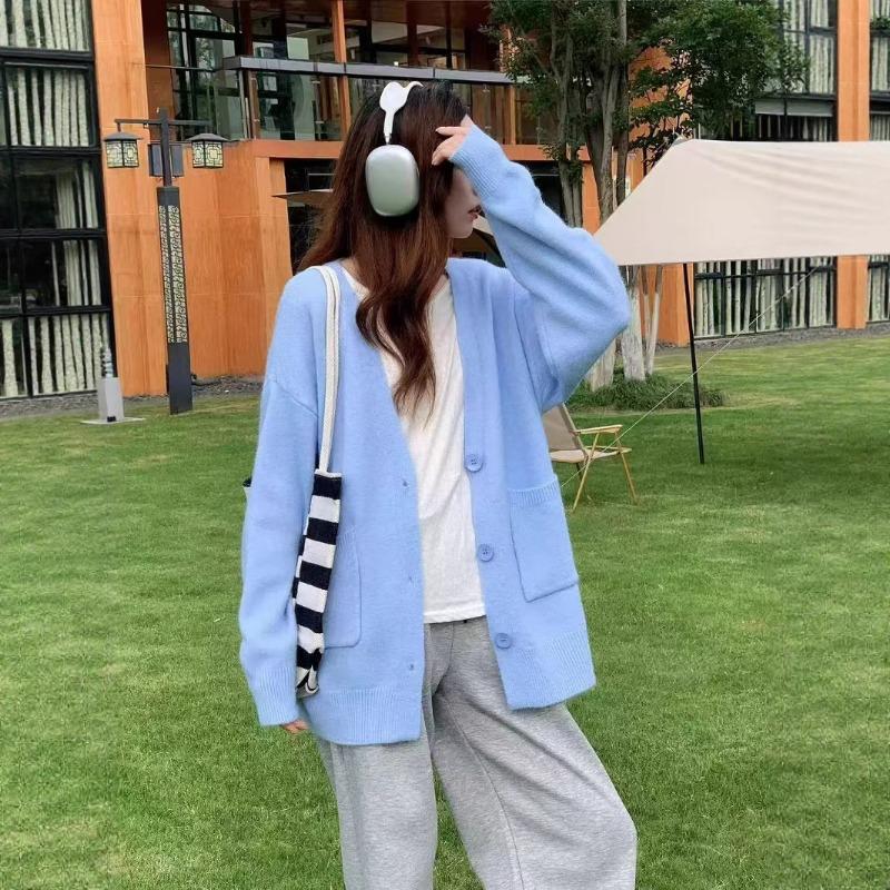 Lazy Wind Loose V-neck Knitted Cardigan Autumn and Winter Solid Color Versatile Cardigan Age-reducing Soft Sweater Jacket Women