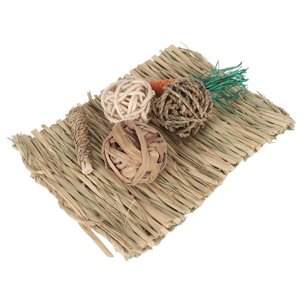 Hamster Chew Toy Set Hand Woven Teeth Grinding Toxic Free Pet Grass Mat Ball Toys for Guinea Pig Rabbit Parrot
