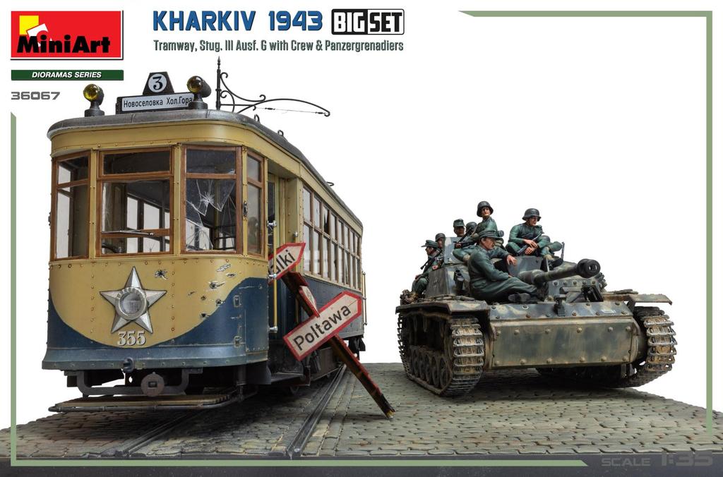 Miniart 1/35 Scale Kharkov 1943 Tram & Stug III Ausf. G with Crew Big Set Plastic Model Kit MA36067 (Scenery)