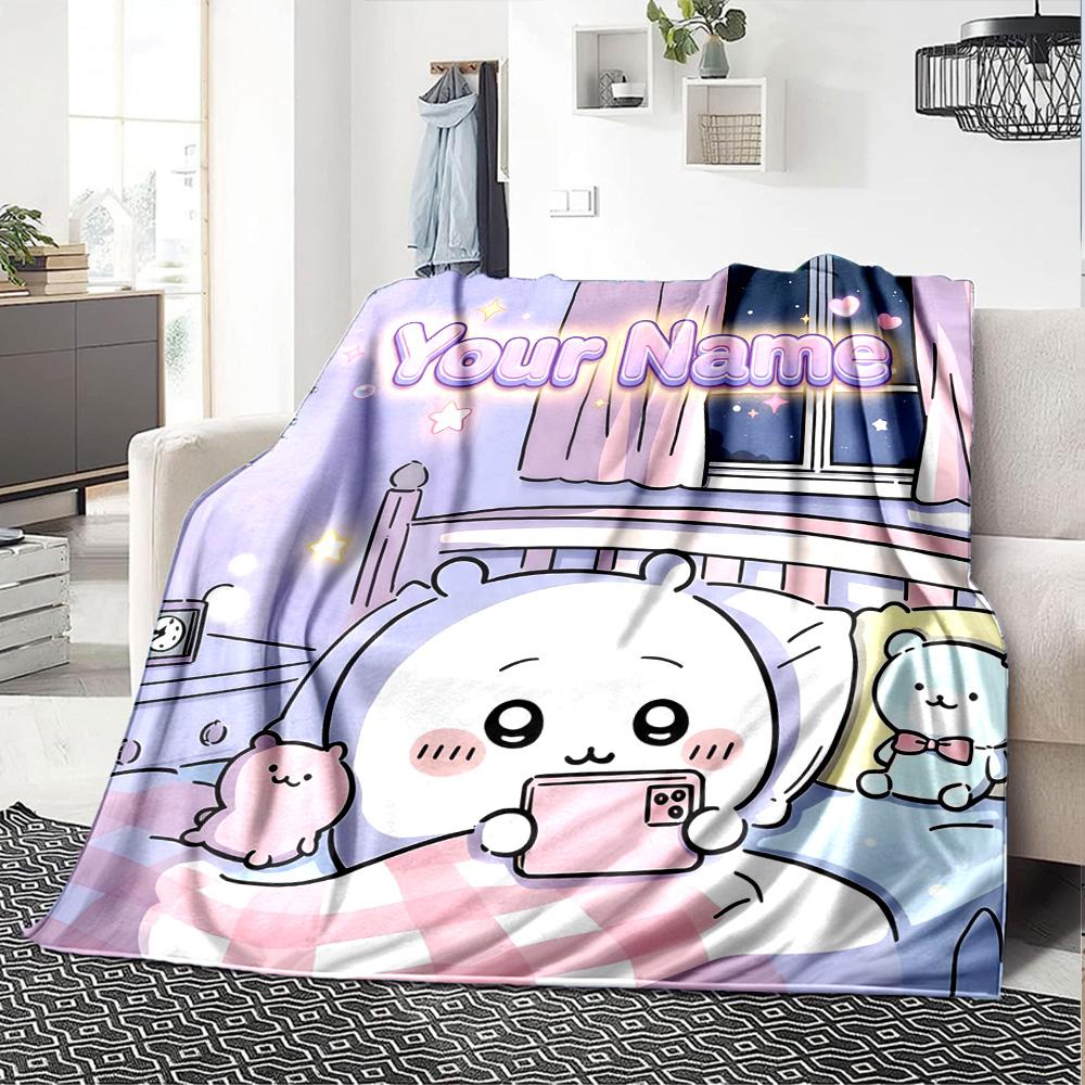 1pc Chiikawa Blanket with Custom Name, Gift, for Men and Women, Soft Blanket, Good for Sofa Bed Couch Travel, Lightweight Flannel Blanket