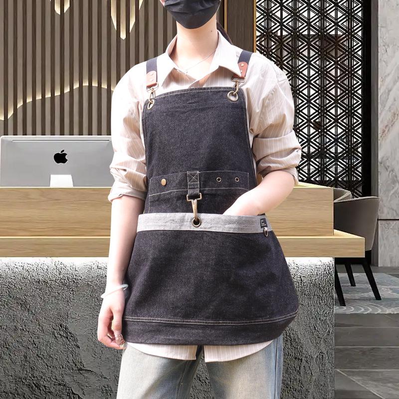 Custom Logo Denim Apron with Large Pockets for Gardening, Work, or Shop Use