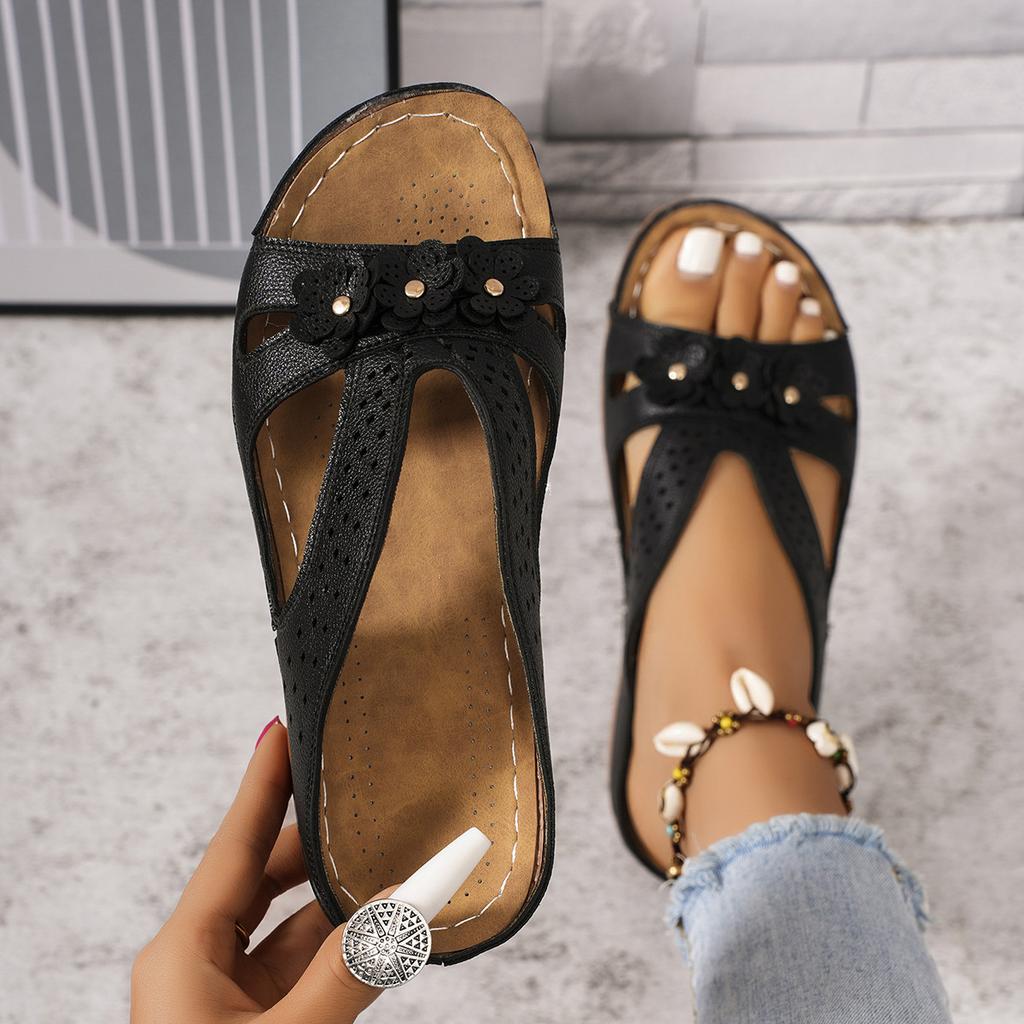 Women's Flowers Decor Slide Sandals, Casual Open Toe Arch Support Shoes, Comfortable Summer Outside Slides