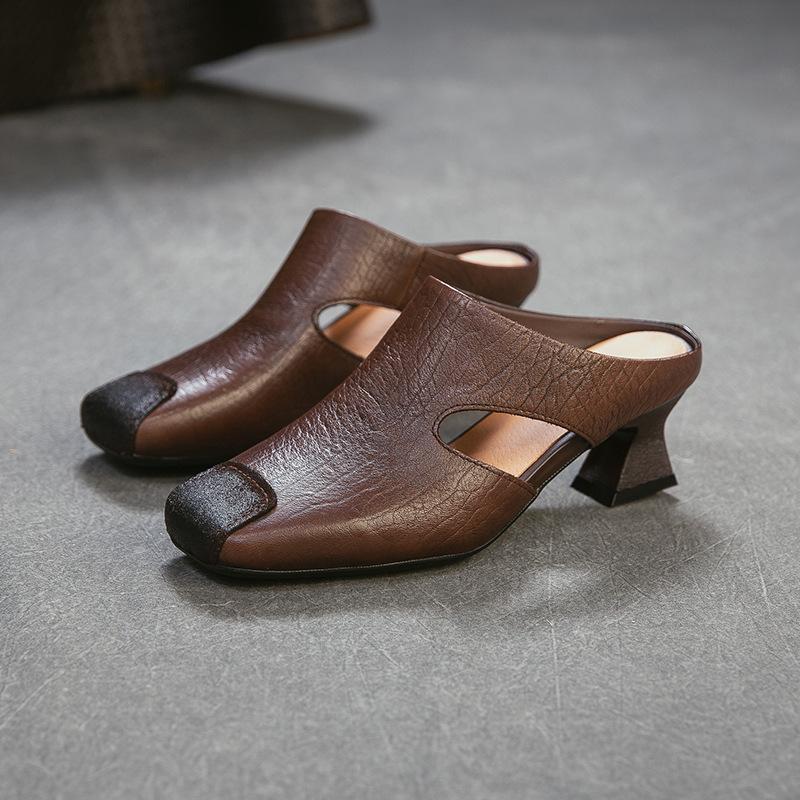 Johnature Retro Square Toe Thick Heel Fashion Slippers Breathable And Versatile Genuine Leather Women's Shoes