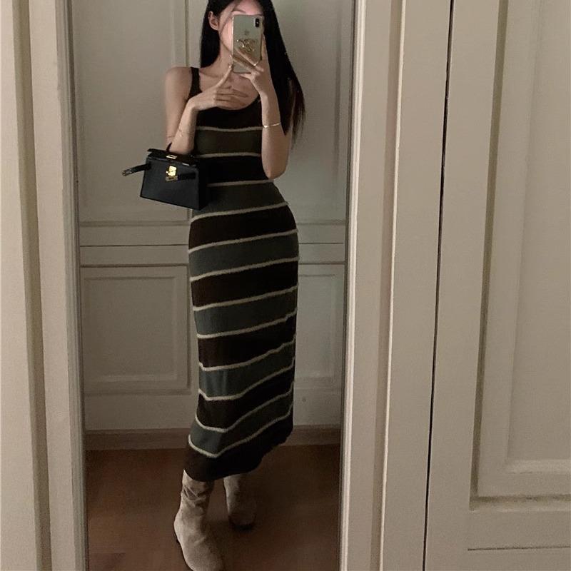Suspender retro u-neck striped knitted primer dress women's autumn and winter inner fit slim sweater skirt pendant long dress