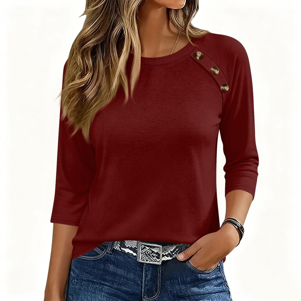 Women 34 Sleeve Crew Neck Button Solid T Shirt Top Comfortable Loose Fit Soft Fabric Casual Style Blouse for Daily Wear