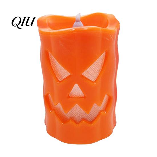 Battery Operated Spooky Candle Flameless Halloween with LED Light, Ghost Face Pumpkin Skull Design 3D Textured Safe Indoor Outdoor