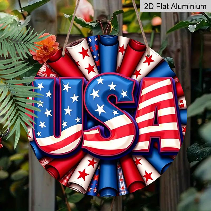 2D Flat - 1pc July 4th Patriotic Wreath - Red White Blue American Flag Design Metal Aluminum Sign with Stars, Stripes USA Lettering, Durable Aluminum