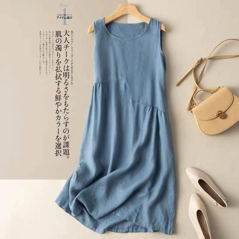 Tank Dress Women Loose Mid-length Tank Dress Day Summer Literary Retro