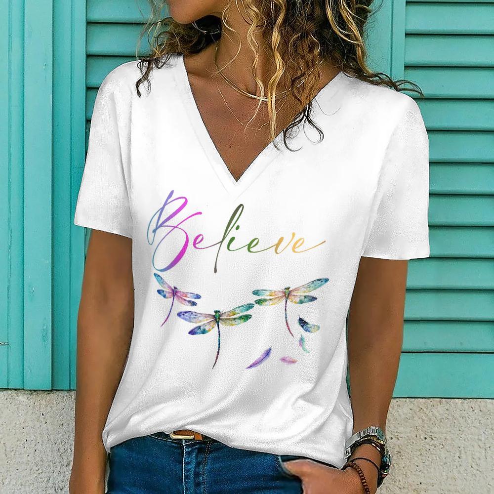

Красочные футболки с принтом перьев стрекозы для женщин, дизайнерский укороченный топ размера плюс, женская рубашка с коротким рукавом, летняя женская одежда 3XL