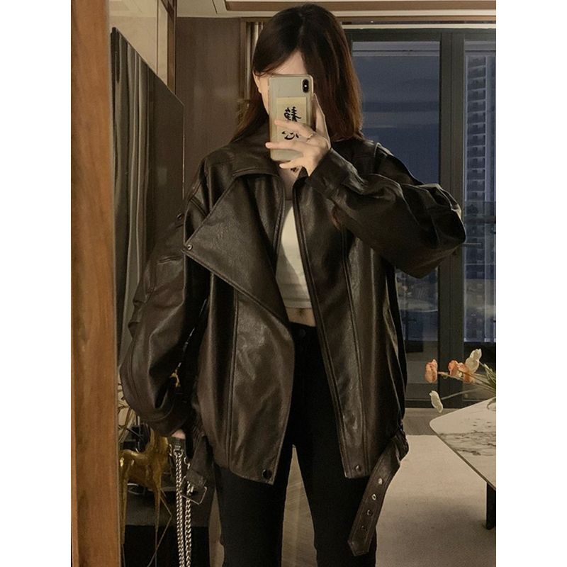 Kumikumi American vintage PU Leather Long sleeve Outerwear Women clothes Autumn Loose Slimming Versatile Stand Collar Jacket Top