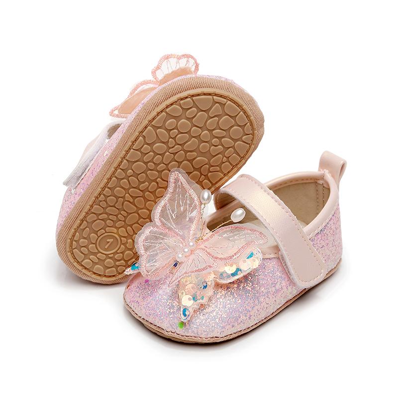 

Baby Girl Dress Shoes Shiny 3D Butterfly Princess Mary Jane Flats Non-Slip Crib Shoes 0-6 Months рожевий