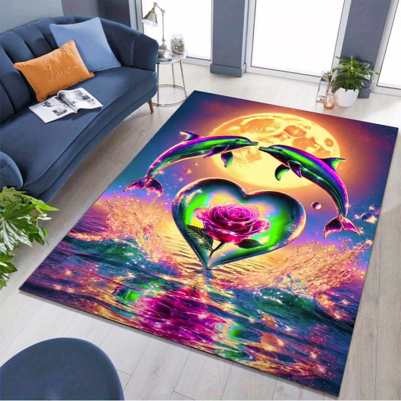Neon Dolphin Heart Rose Moon Ocean Fantasy Print Area Rug Colorful Marine Non‑Slip Rectangular Floor Mat Living Bedroom Home Decor Carpet