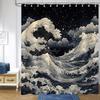 Japanese Anime Shower Curtain, Oriental Asian Funny Sea Waves Retro Clouds Stars Bathroom Curtains Decor Set, Black White