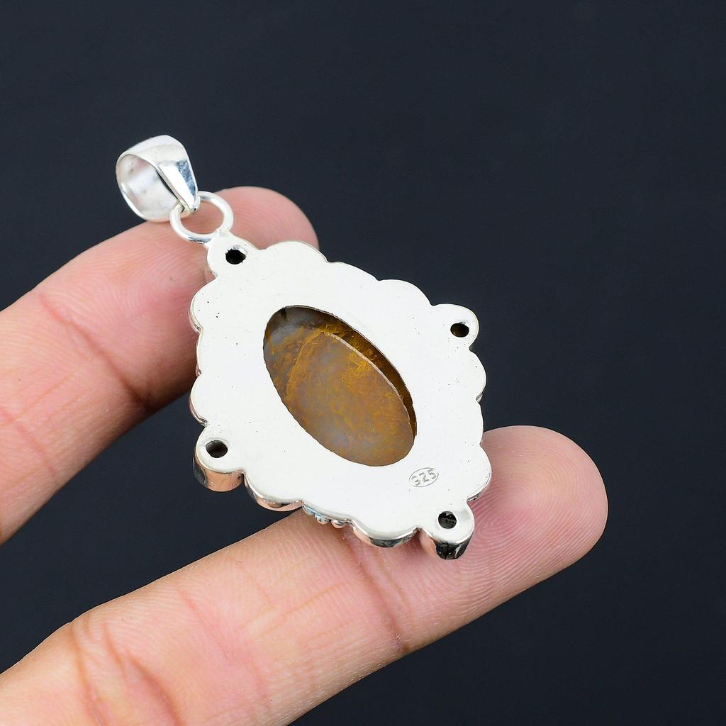 Friendship Day Deal Sterling Silver Oval Plume Agate Gemstone Citrine Pendant