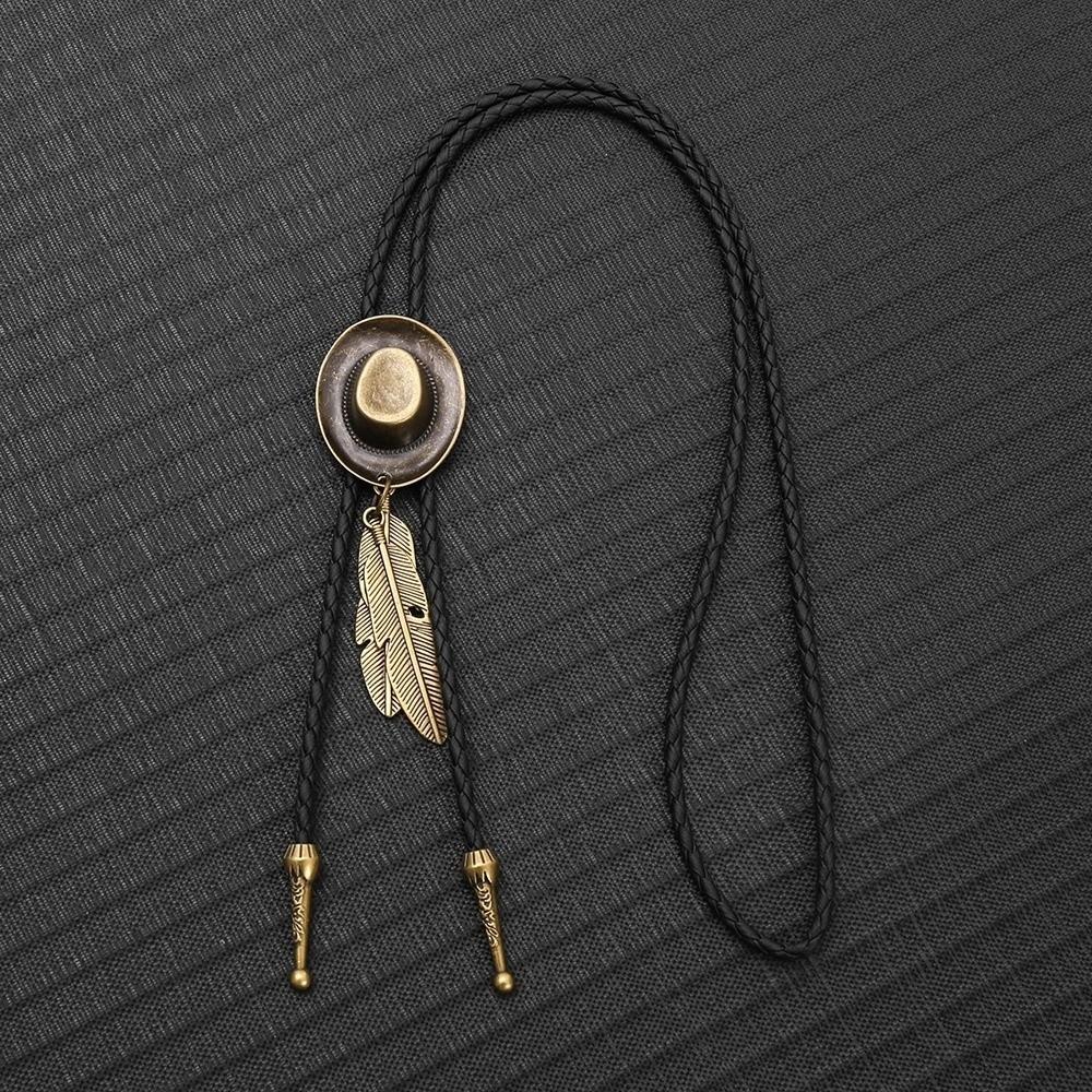 Vintage Western Cowboy Hat Necklace Unisex Metal Feather Necktie Long Pendant Chain Western Style