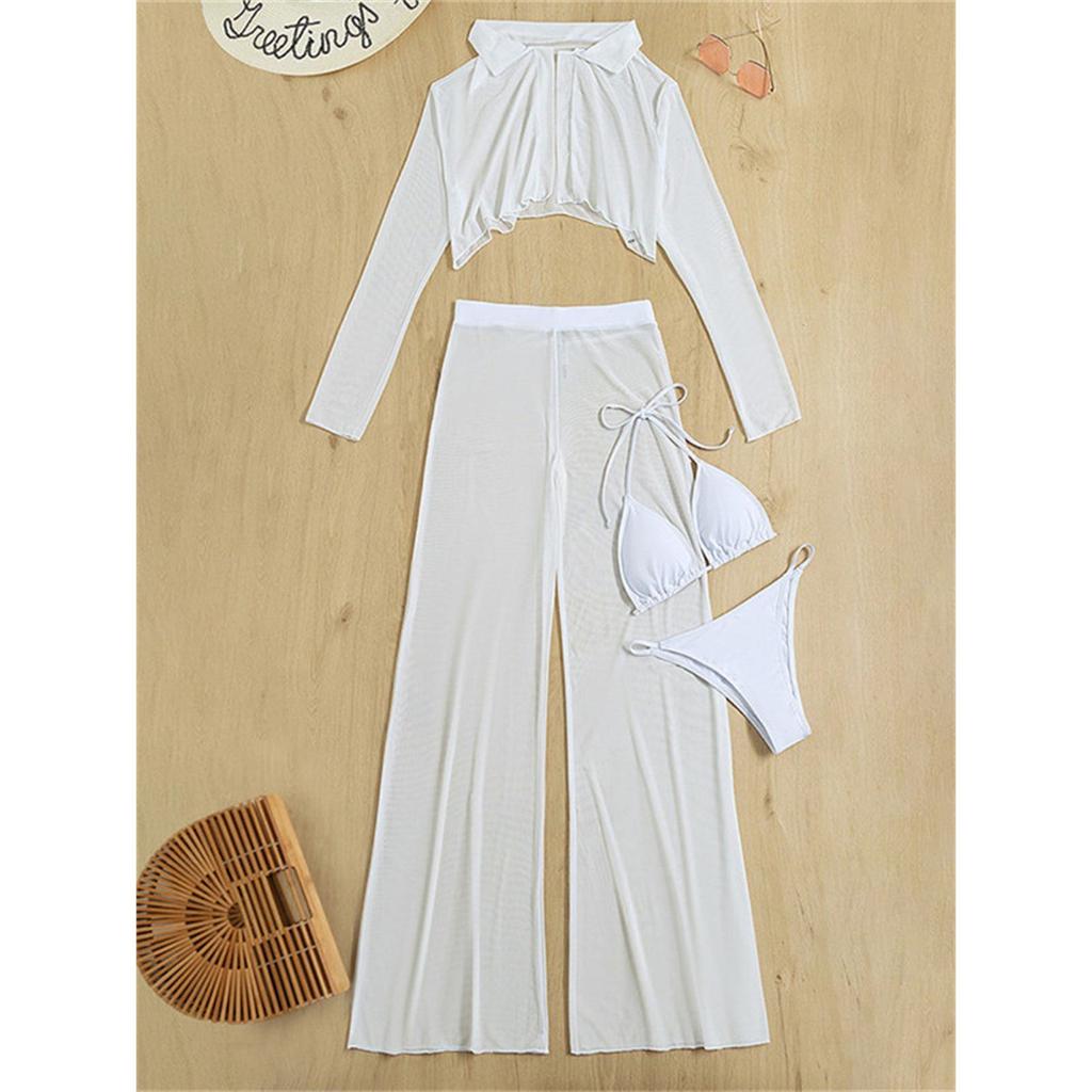 4 Piece Bikini Set Women Solid White Long Sleeve Cover Up with High Waist Pants Swimsuit Beach Bathing Suit Mesh Thong Swimwear