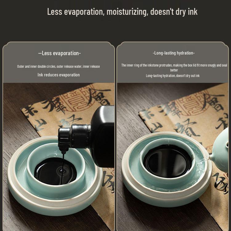Ru Kiln Celadon Inkstone: Double Circle Inkwell with Lid, Anti-Dry Calligraphy Ink Dish, Antique Ink Box.