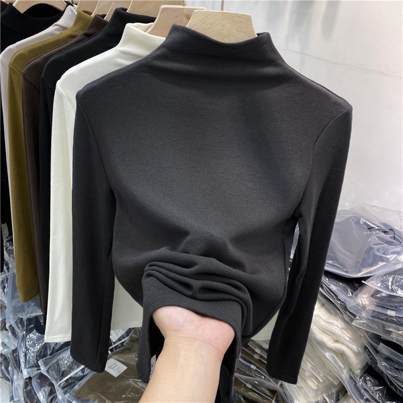Solid color semi-turtleneck German fleece polished shirt women's autumn and winter fleece long-sleeved T-shirt thermal top