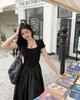 Hepburn Style Square Neck Black Slimming Spliced Dress