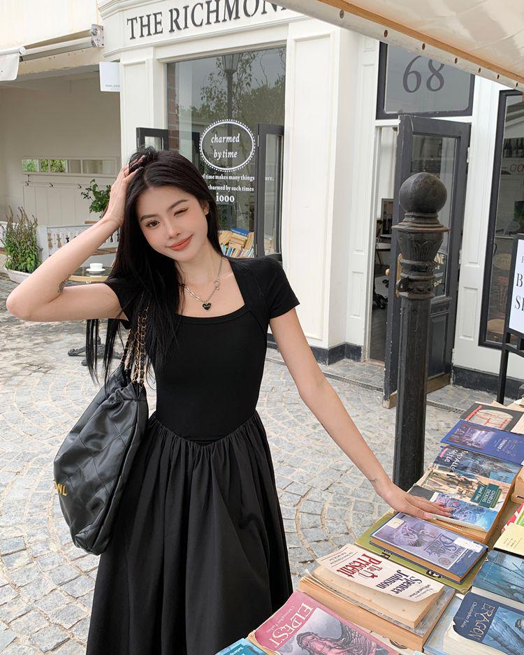 Hepburn Style Square Neck Black Slimming Spliced Dress