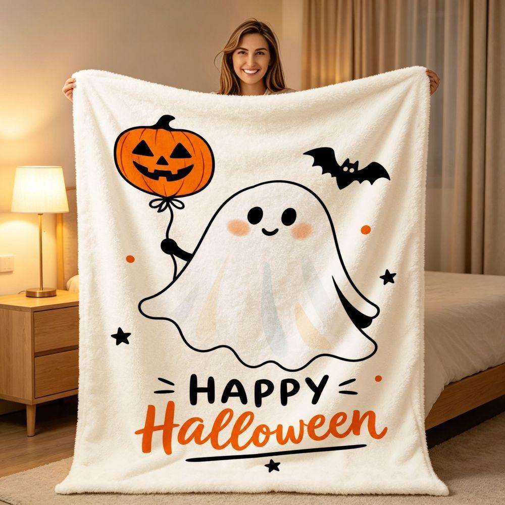 Cheerful White Happy Halloween Ghost Pumpkin Throw Blanket Plush Couch Cover For Festive Trick Or Treat Decor Gift