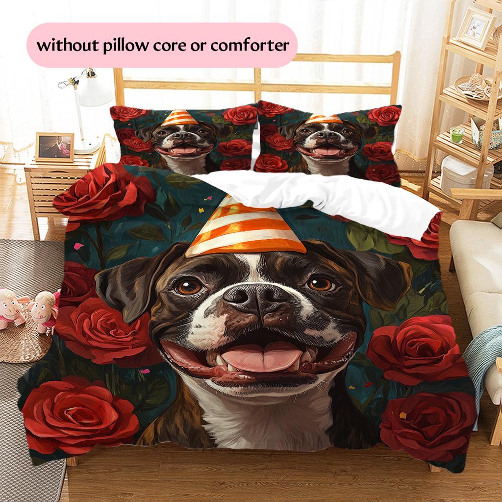 Rose Dog with Birthday Hat Pattern Bedding Quilt Set Home Decoration Gift (1 * duvet cover + 2 * pillowcase without core)