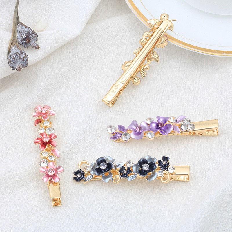 Alloy Hairpin Female Side Painted Paint Edge Clip Female Retro Style Flower Bangs Clip Rhinestone Duck Bill Clip