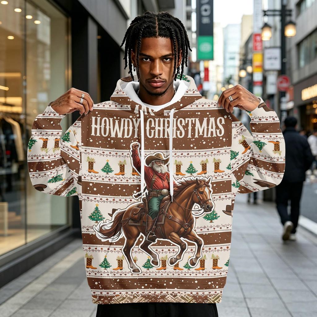 Men's Christmas Print Hoodie with Pocket for Casual Athletic Wear